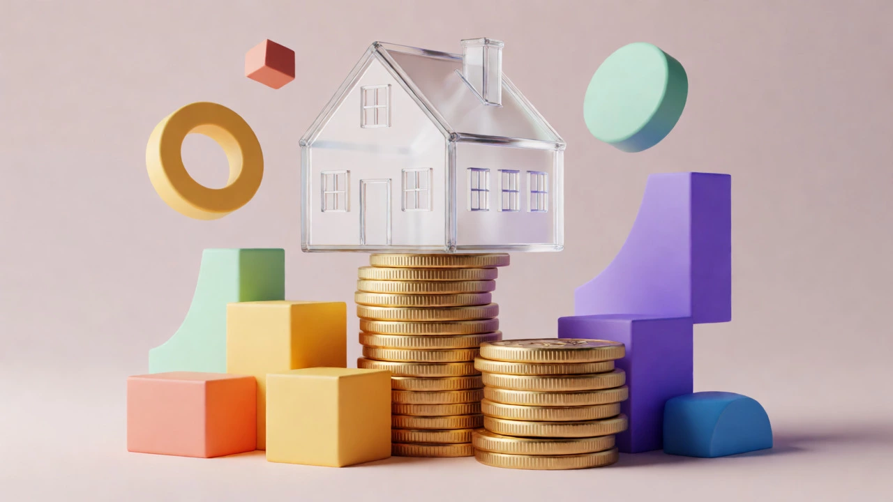 3D conceptual render of a house on a coin stack illustrating loan-to-value ratios.