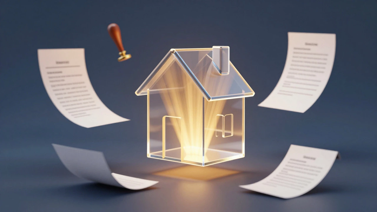 Abstract illustration of a glass house being scanned by light beams with floating legal documents