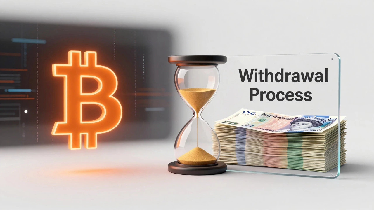 Bitcoin symbol separated from pound notes by a glass barrier