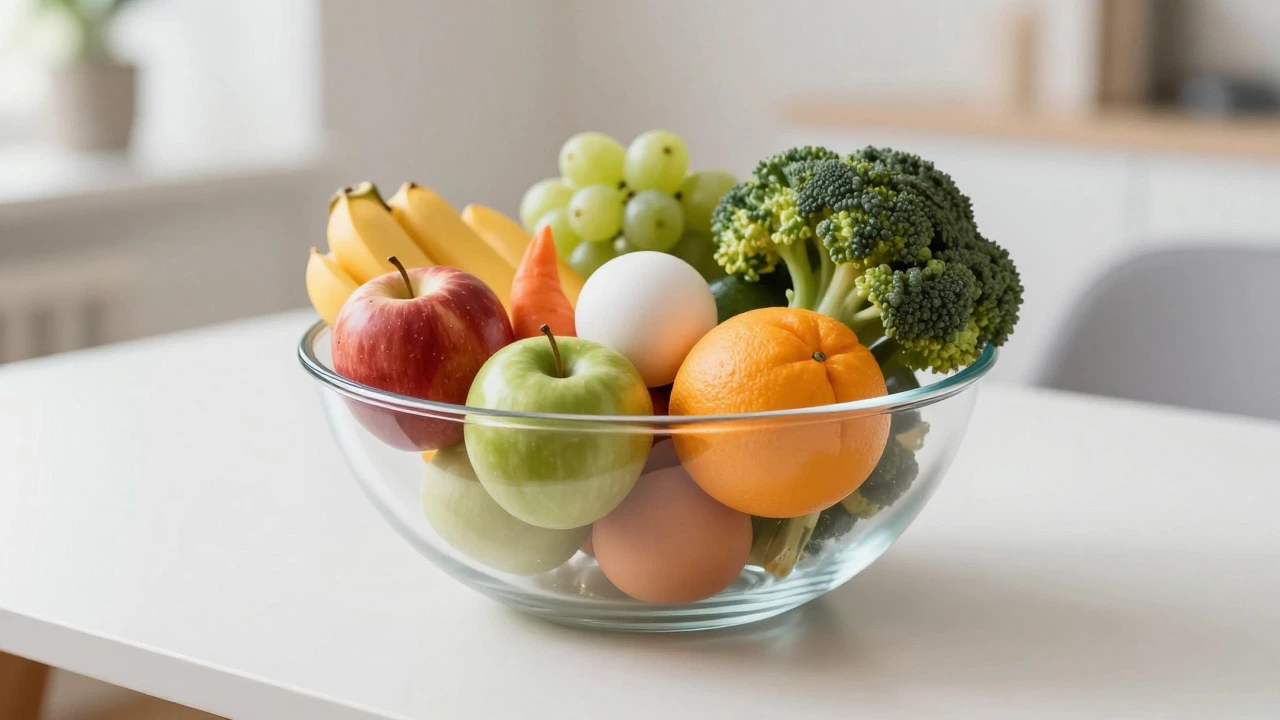 Bowl of diverse fruits and vegetables on a desk, symbolizing portfolio diversification