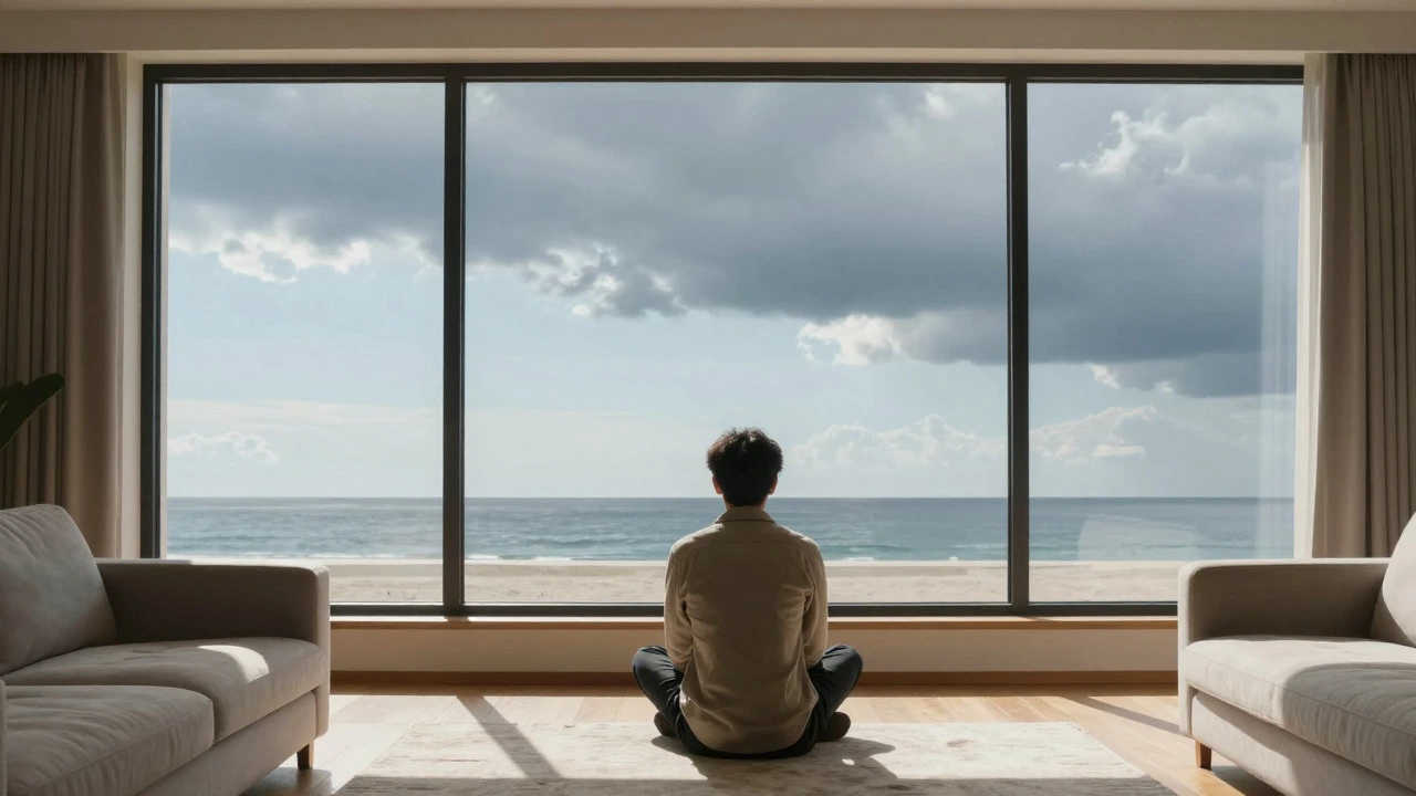 Calm person looking out window at steady horizon, ignoring storm reflections, showing investment discipline