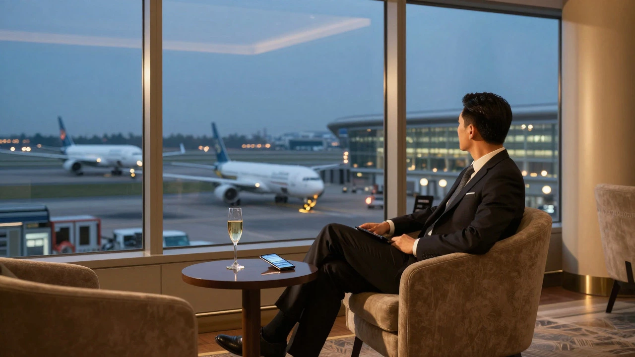 Executive relaxing in exclusive airport lounge overlooking runway