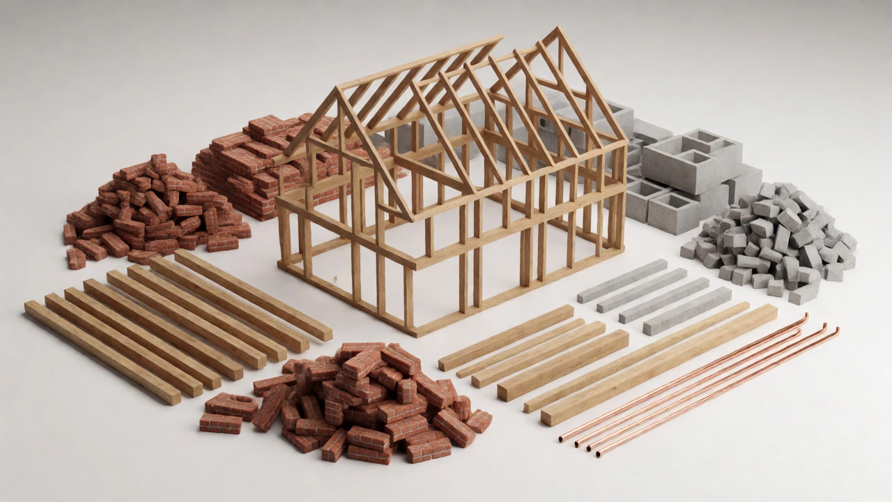 Exploded view of house construction materials floating