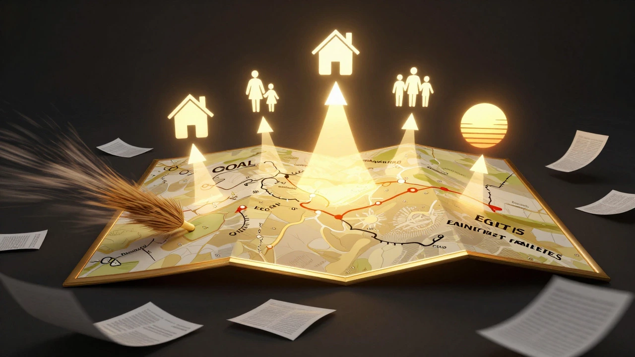 Glowing golden map leading to life goals, symbolizing financial freedom