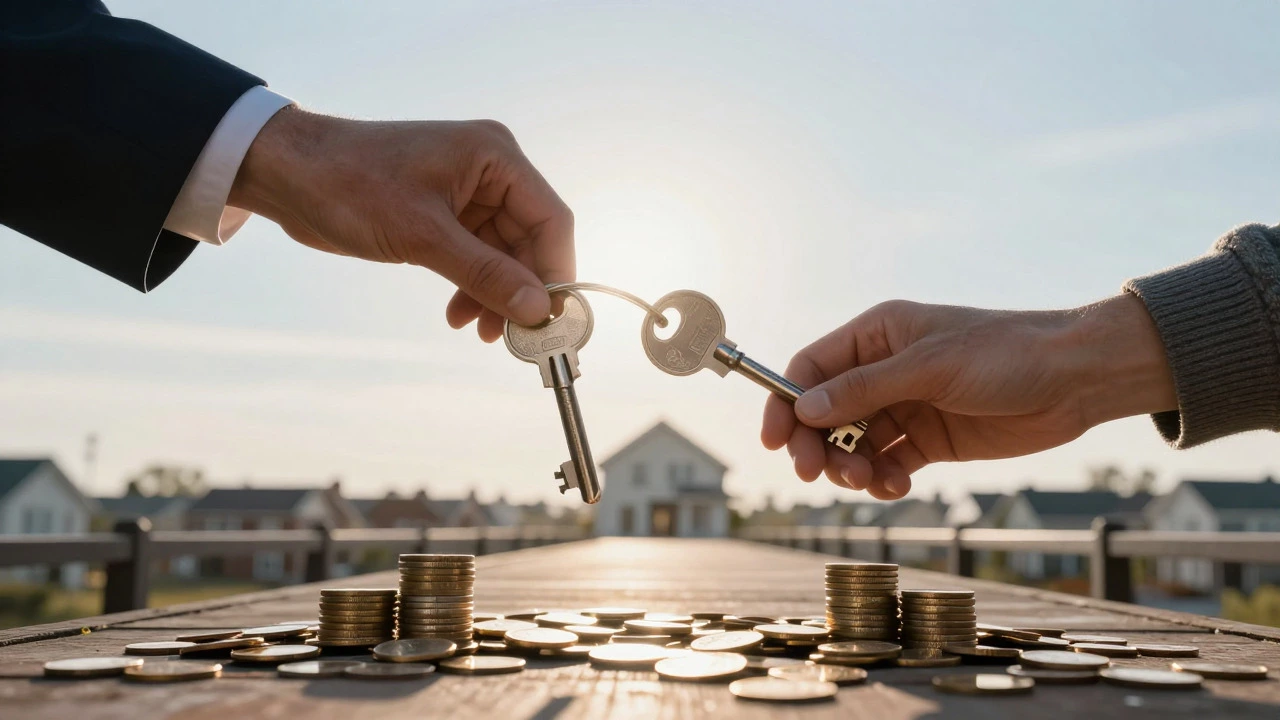 Hands exchanging keys over a bridge of coins leading to a house in the distance
