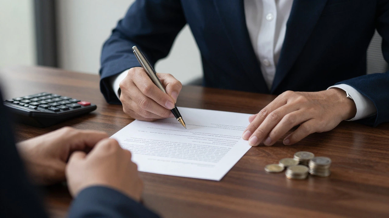 Hands signing a financial document at a desk with a calculator