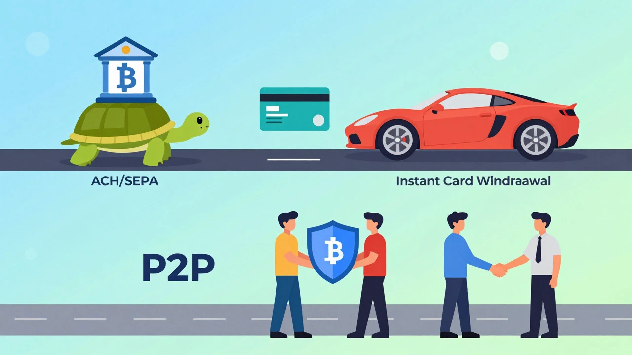 Illustration comparing slow, fast, and P2P withdrawal methods