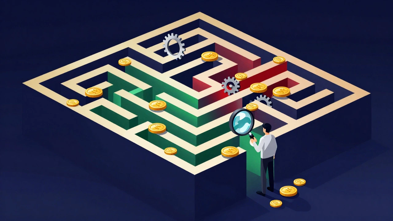 Illustration of a person navigating a maze of coins and gears representing loan rates