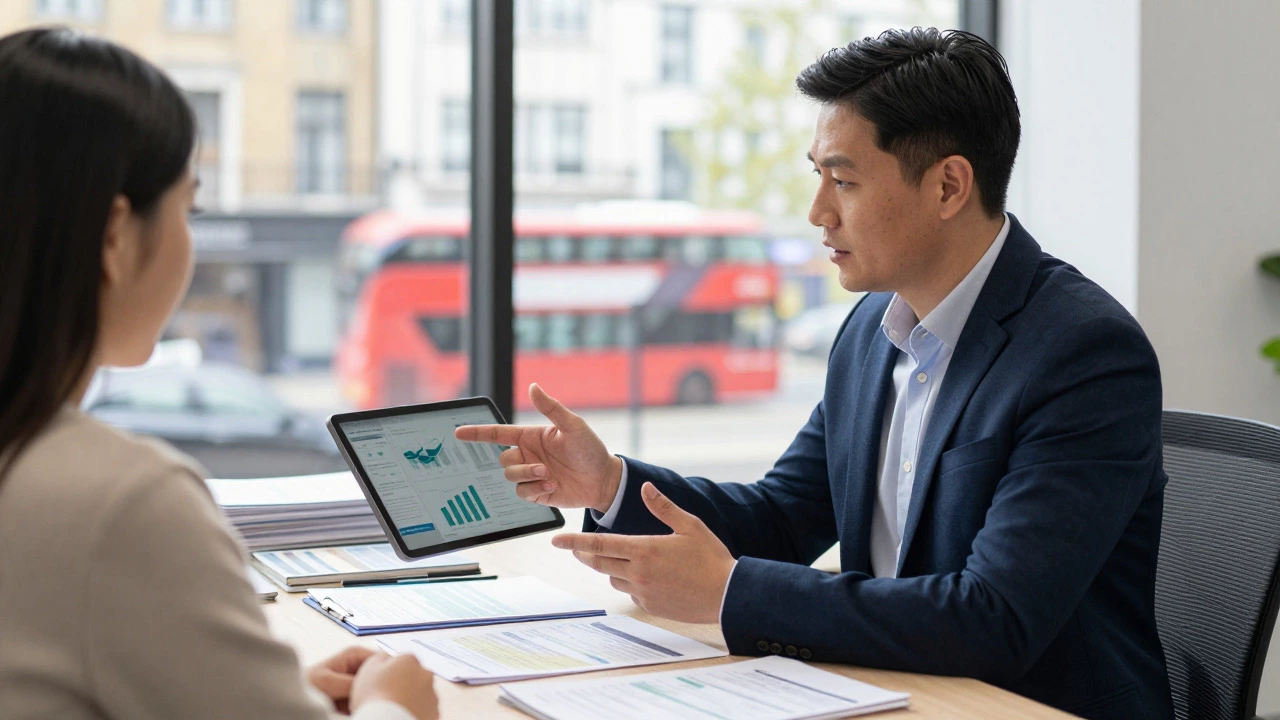 Mortgage broker advising client with documents in a bright London office