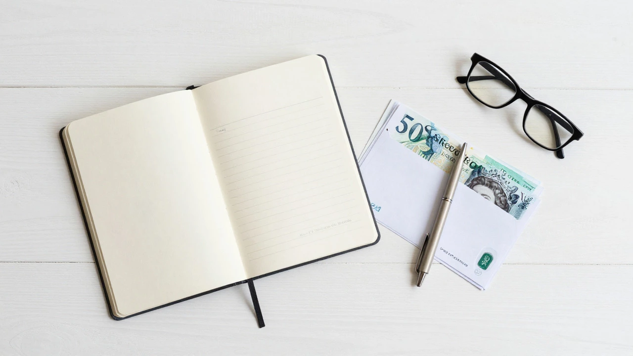 Notebook and cash envelopes with British pounds on a clean desk