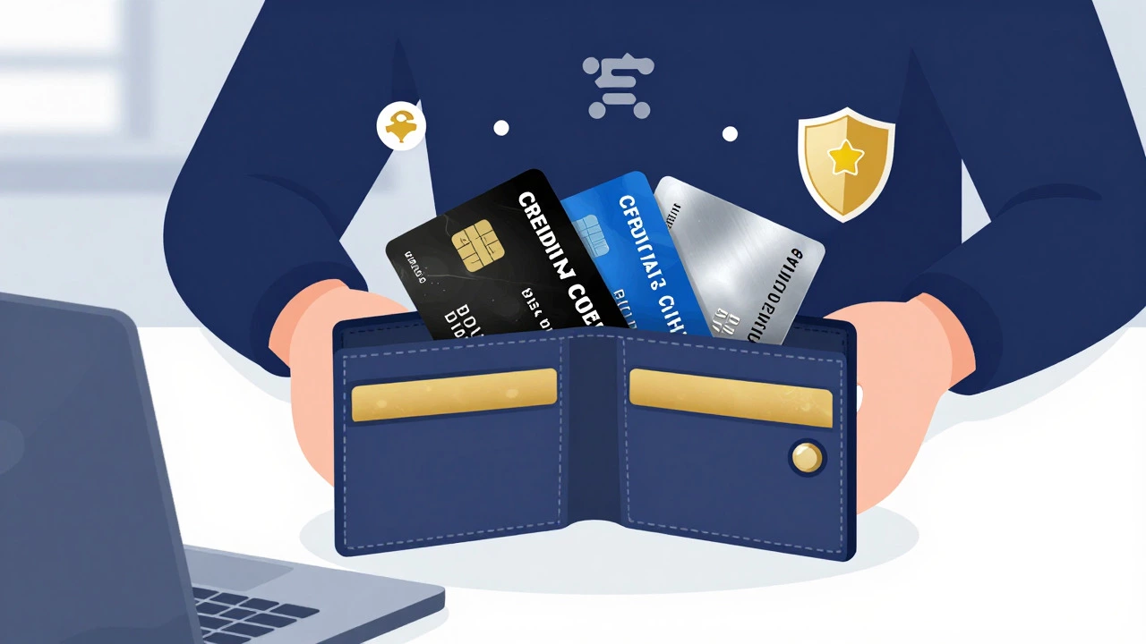 Open wallet showing diverse premium credit cards and financial icons