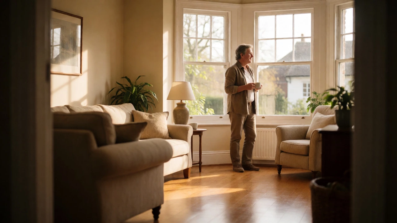 Relaxed homeowner in sunlit renovated living room