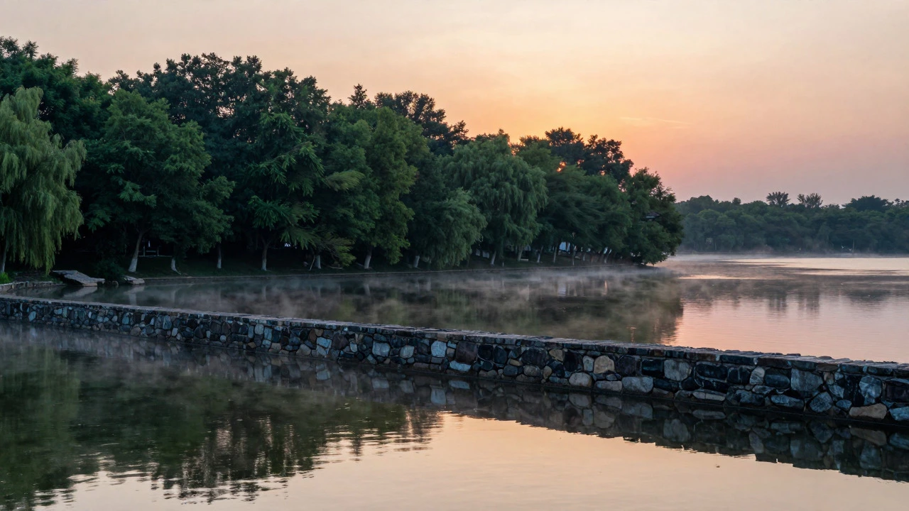 Serene lake at sunrise with a stone wall and forest