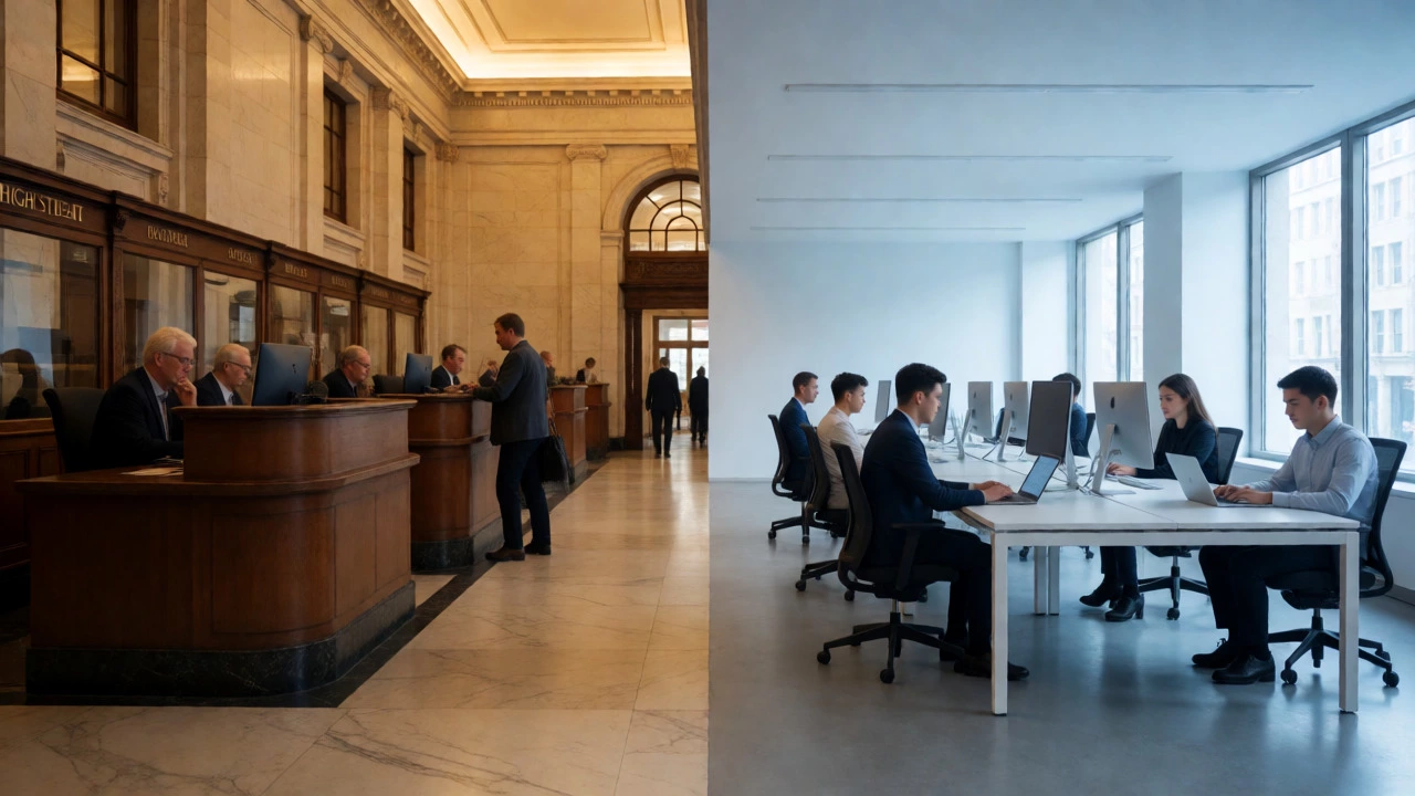 Split view comparing a traditional marble bank interior with a modern digital bank office.