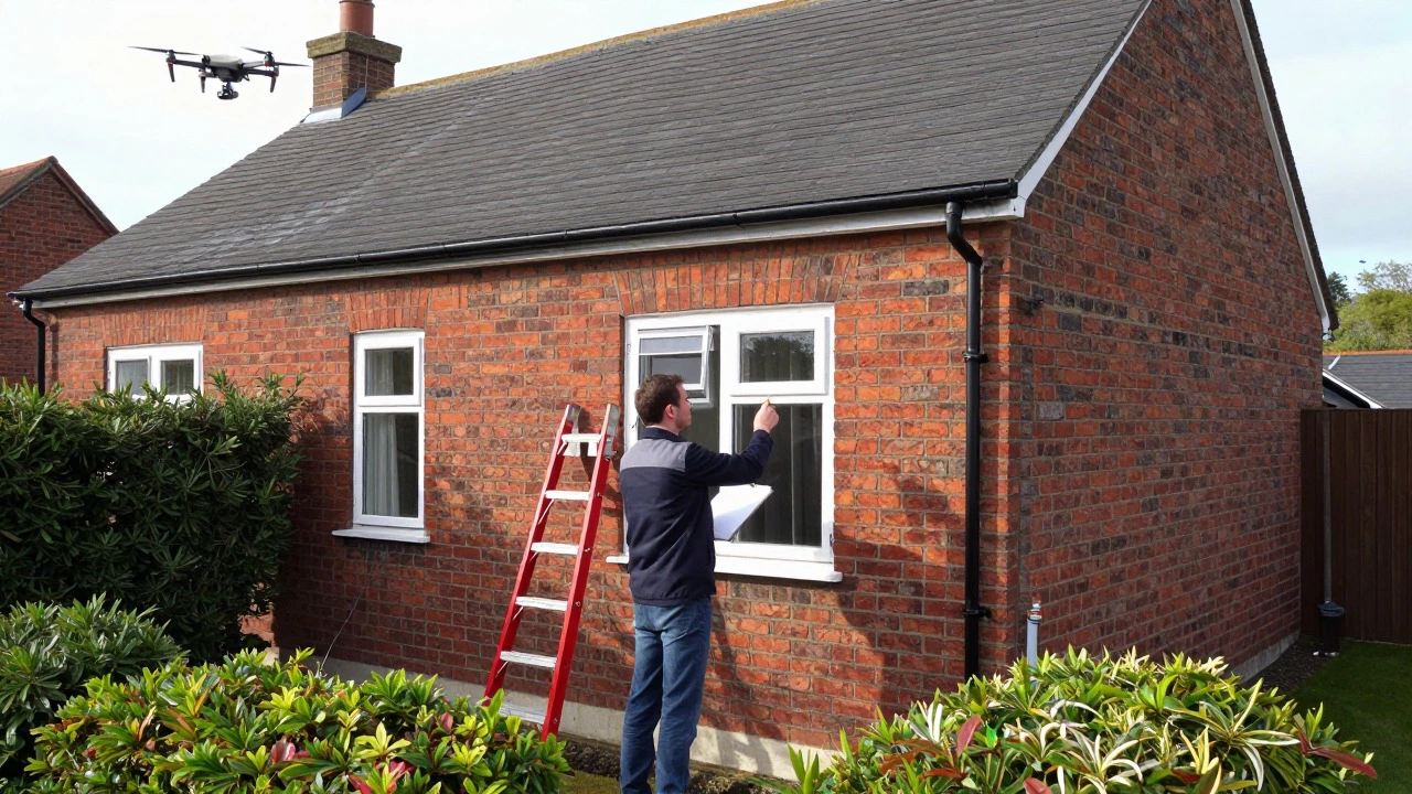 Surveyor inspecting the exterior of a UK house with a drone