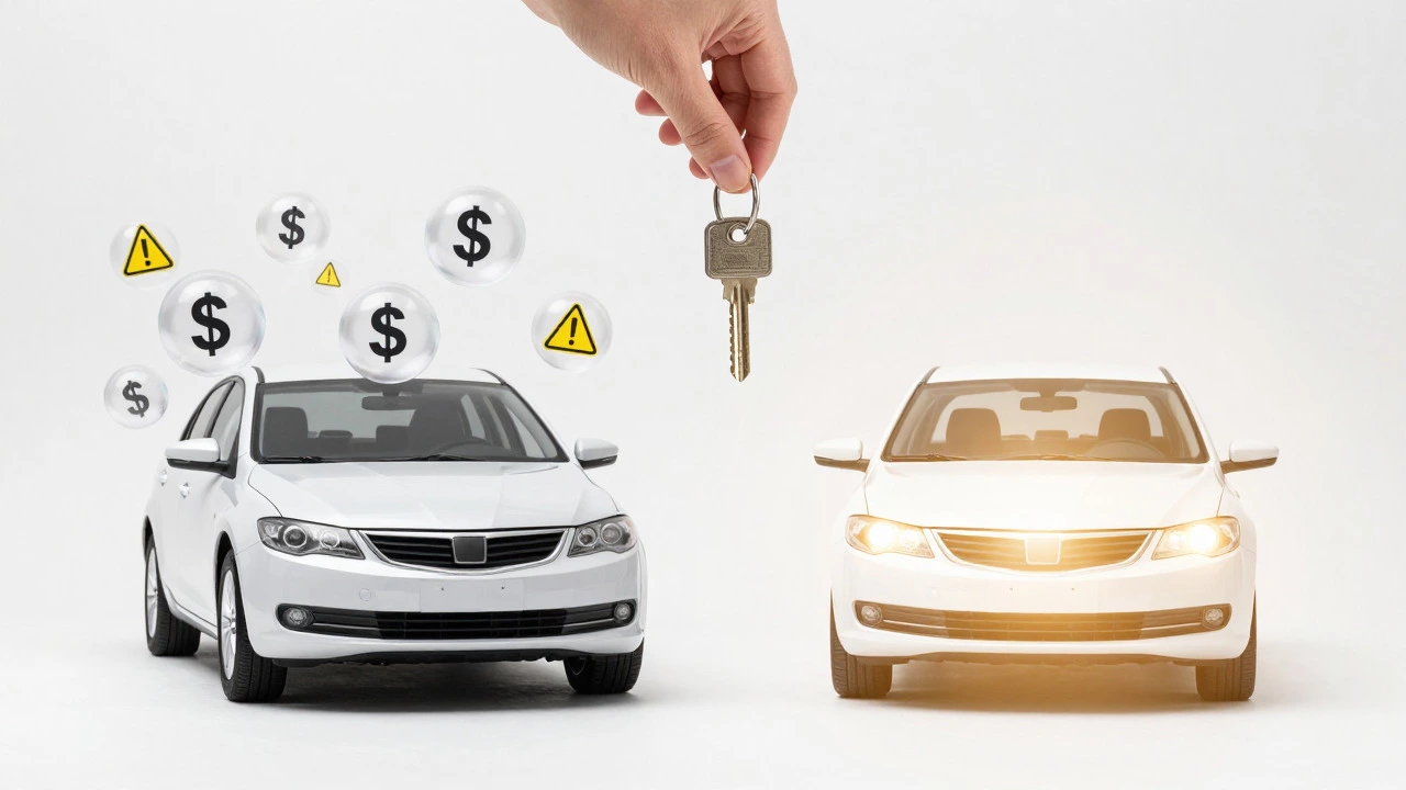 Two cars side-by-side, one surrounded by fee symbols, the other glowing cleanly