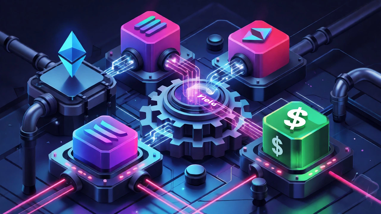 3D visualization of crypto staking yields flowing into a central vault