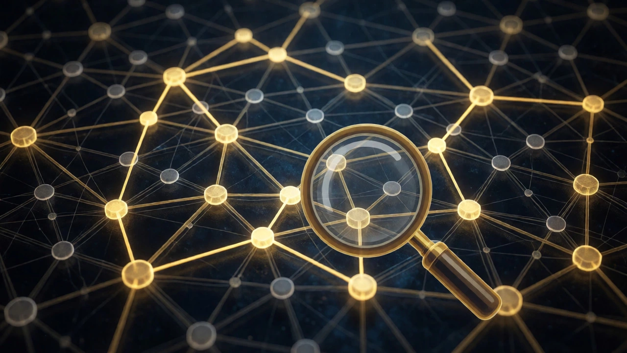 Blockchain network map being analyzed for tax audit discrepancies
