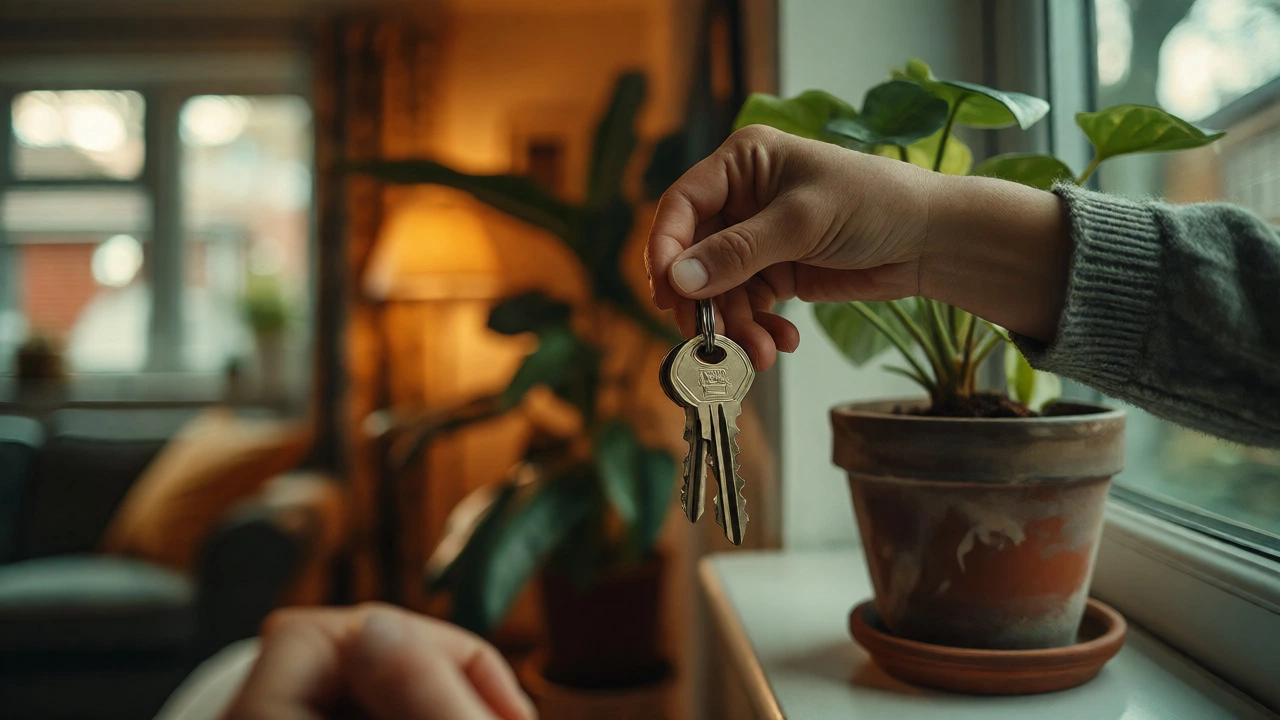 Close-up of hands holding house keys near a window in a cozy home