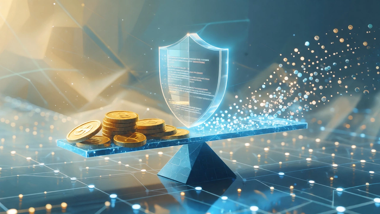Conceptual image of balanced crypto assets protected by risk management