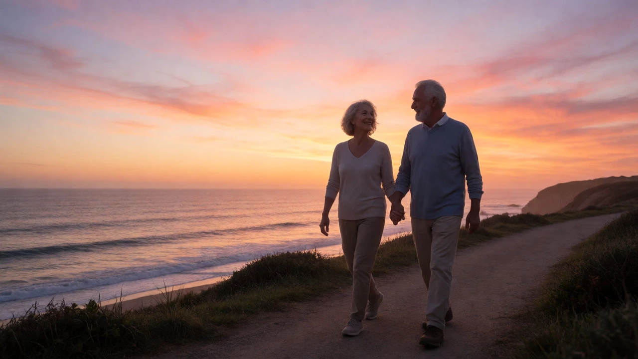Elderly couple walking on a beach at sunset