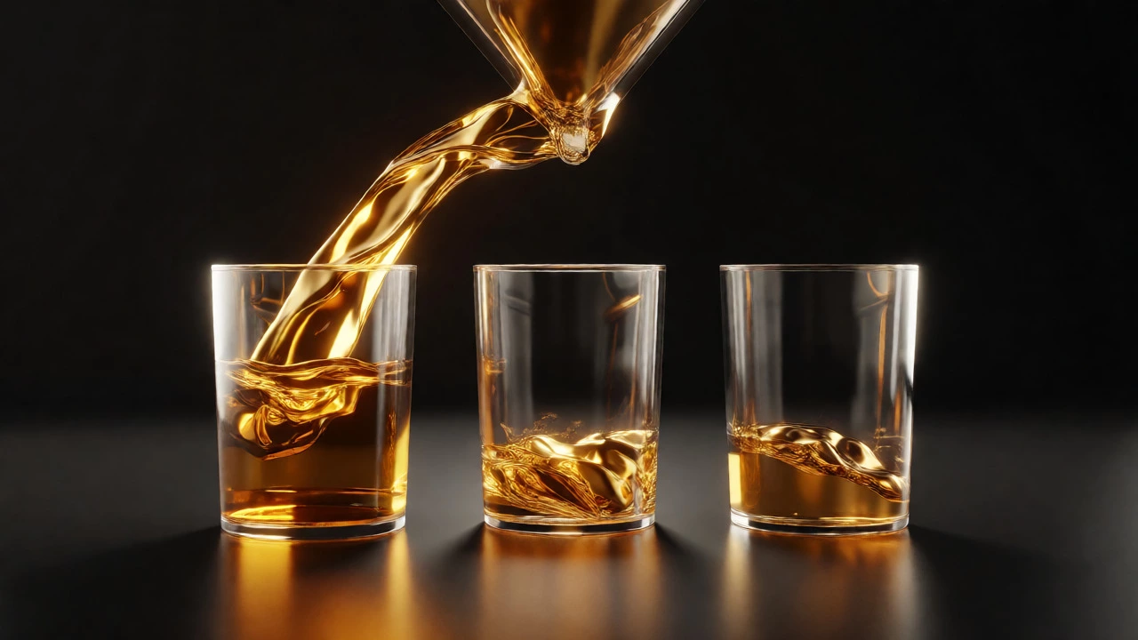 Golden liquid splitting into three containers conceptually
