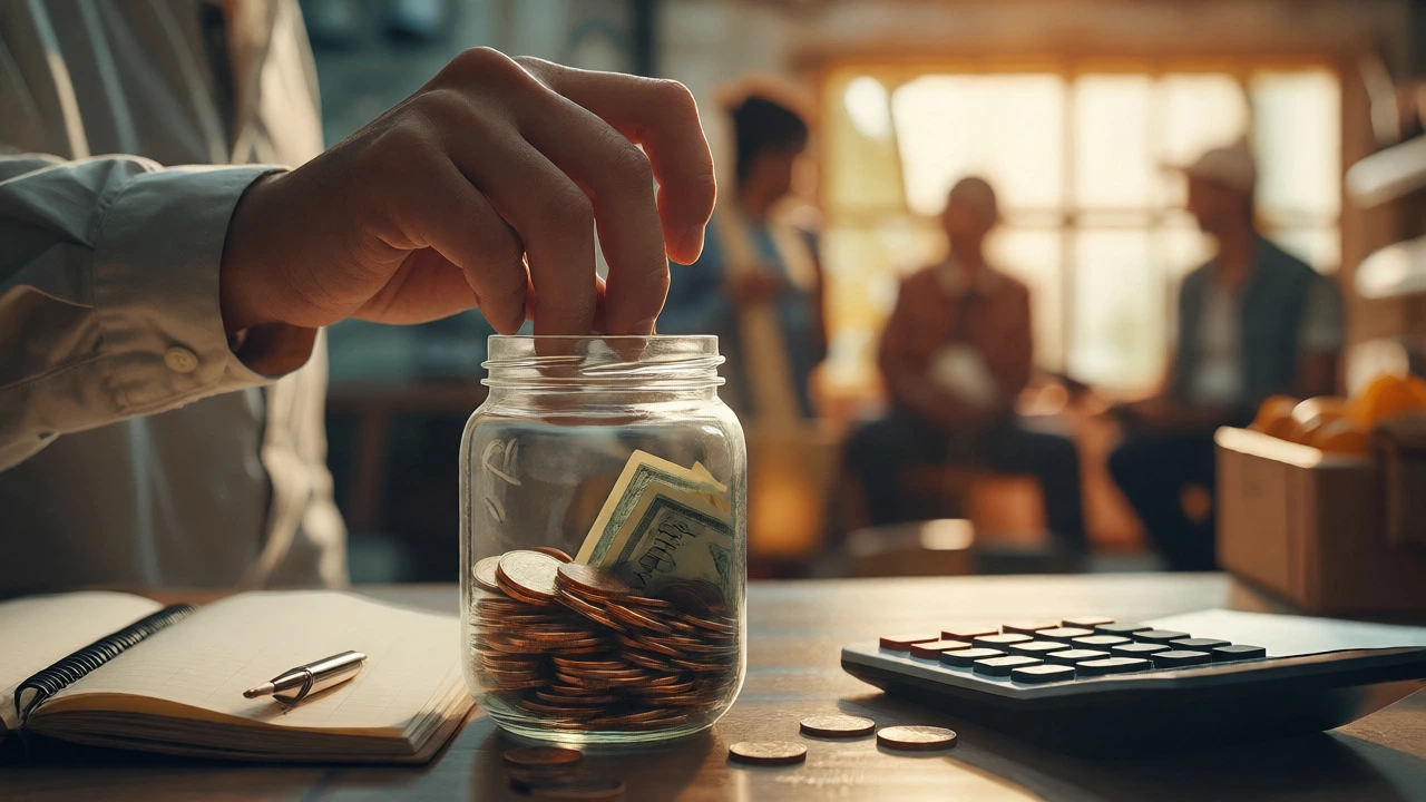Hands saving money in a jar with calculator and notes nearby