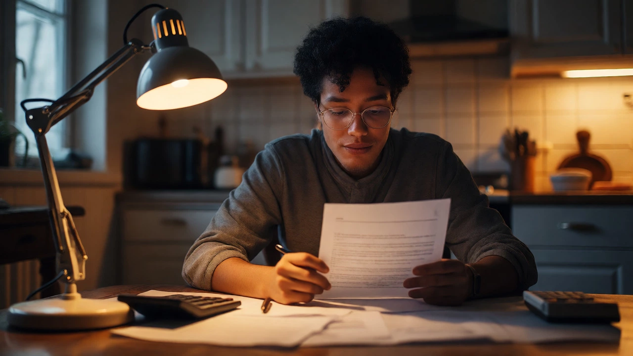 Person analyzing car loan documents at a kitchen table at night