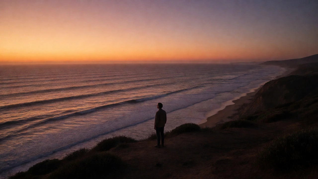 Silhouette watching a calm ocean sunset reflecting retirement peace