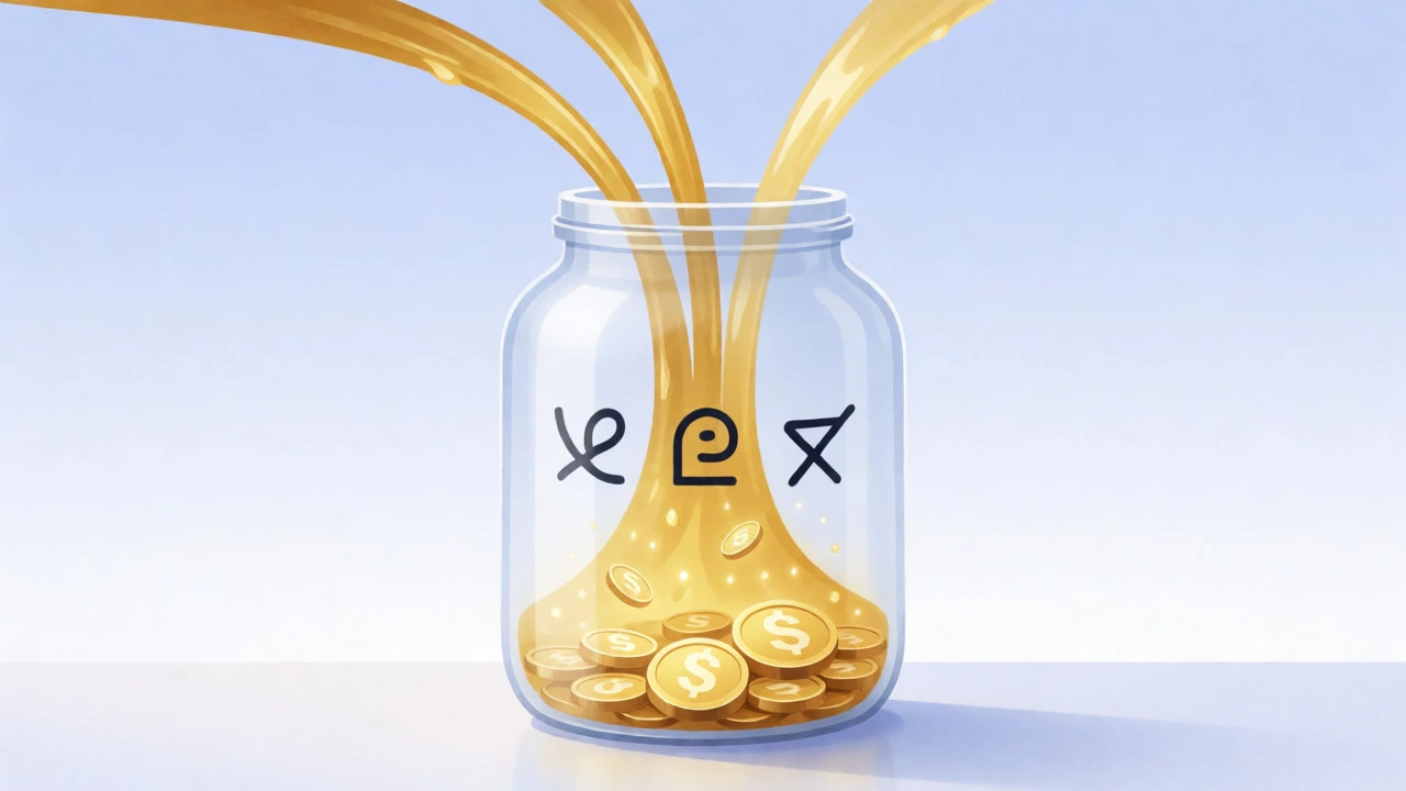 Three streams of money merging into a growing savings jar