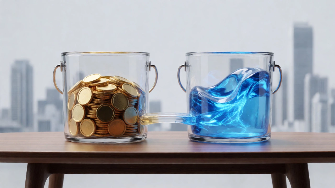Two glass buckets separating stable coins from dynamic growth energy