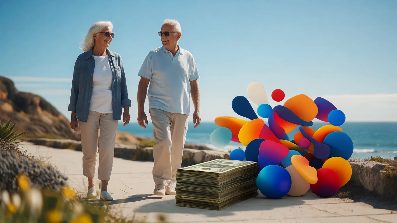 A retired couple walking on a coastal path, symbolizing a balanced and secure retirement lifestyle.