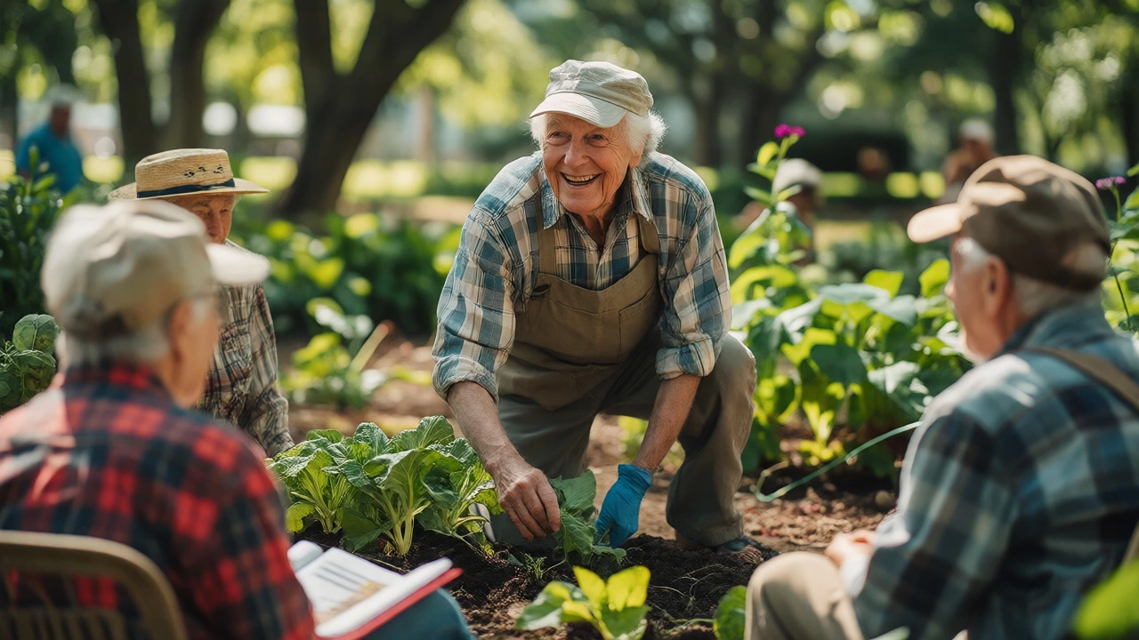 Active senior gardening in a community park, enjoying retirement hobbies.