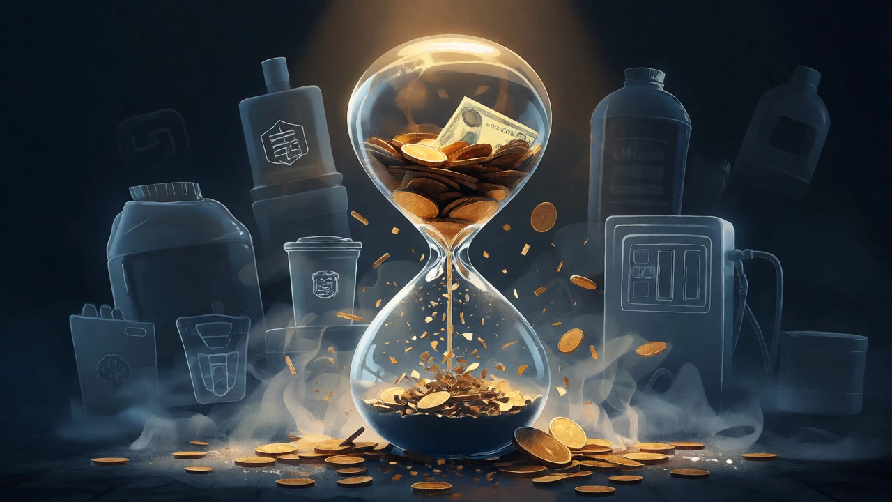 An hourglass where money shrinks as it falls, illustrating the impact of inflation on savings.