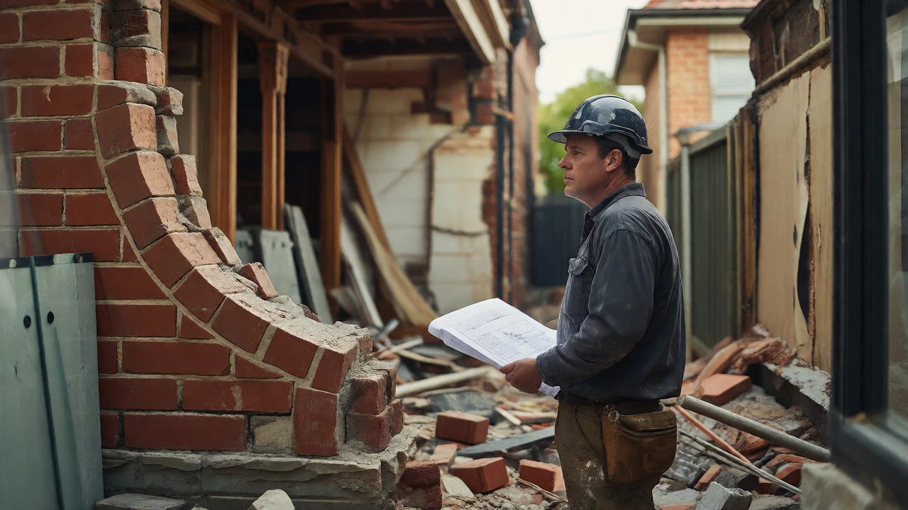 Builder assessing complex architectural details and debris after a demolition event.