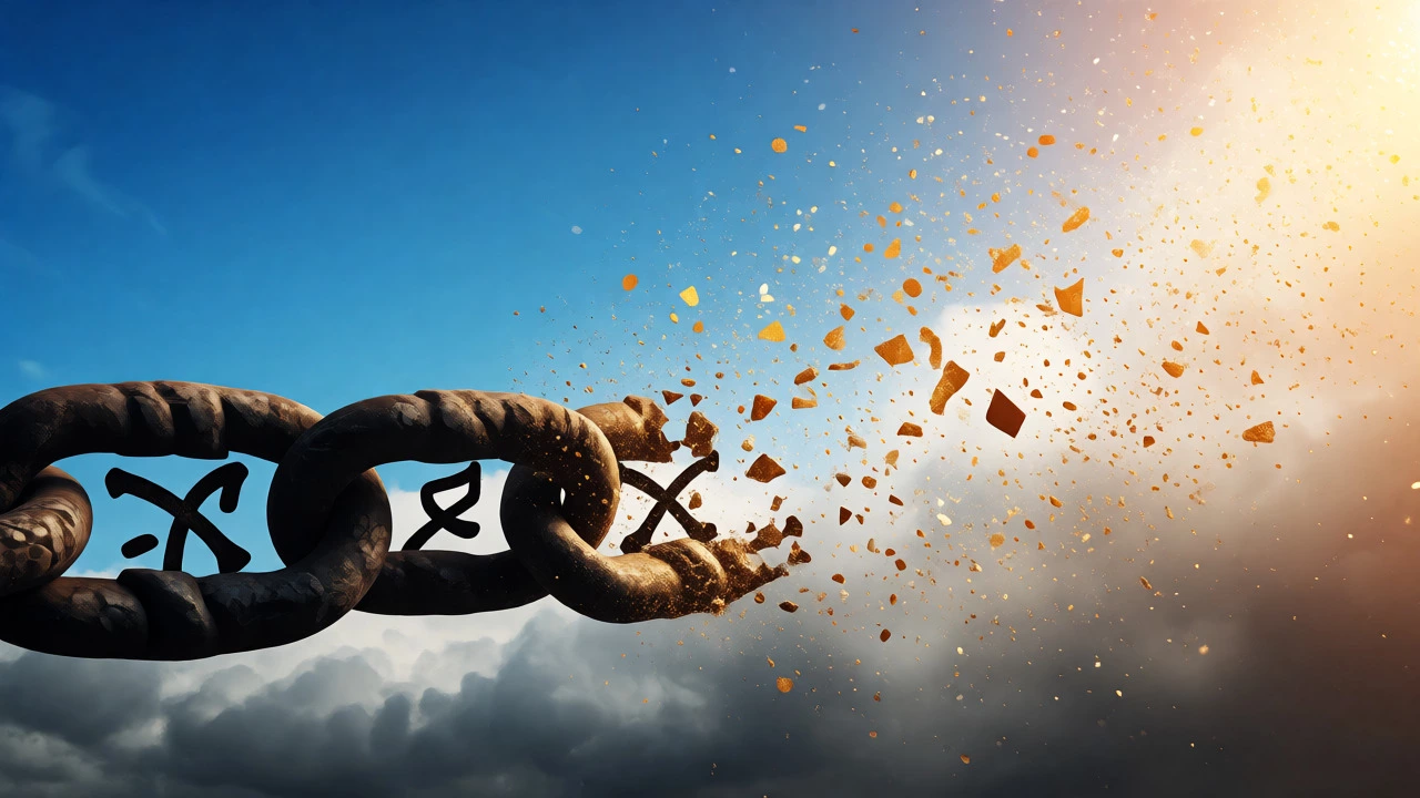 Chain of debt breaking apart into golden dust in sunlight