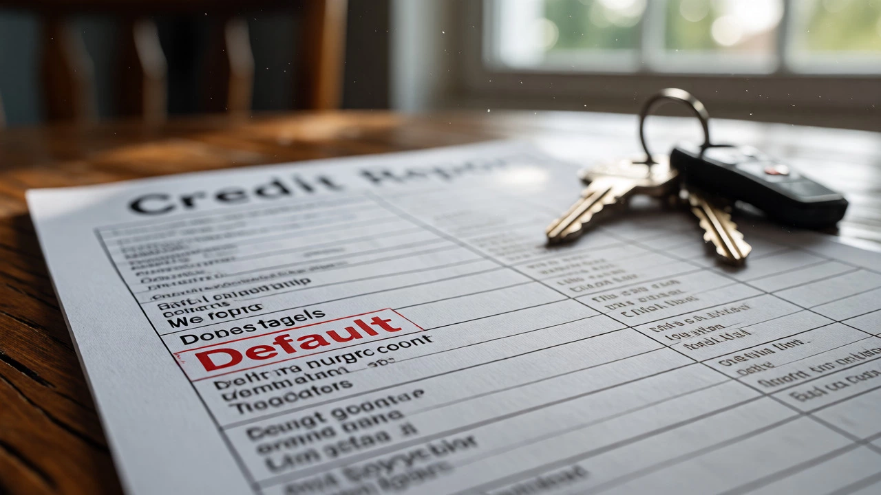 Close-up of a credit report with a default notation next to house and car keys.
