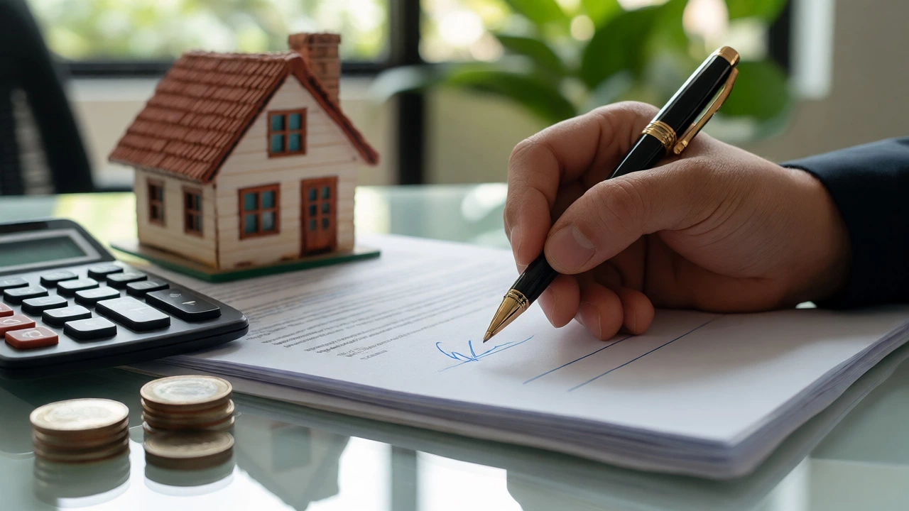 Close-up of a hand signing mortgage documents surrounded by financial planning tools and a model house.