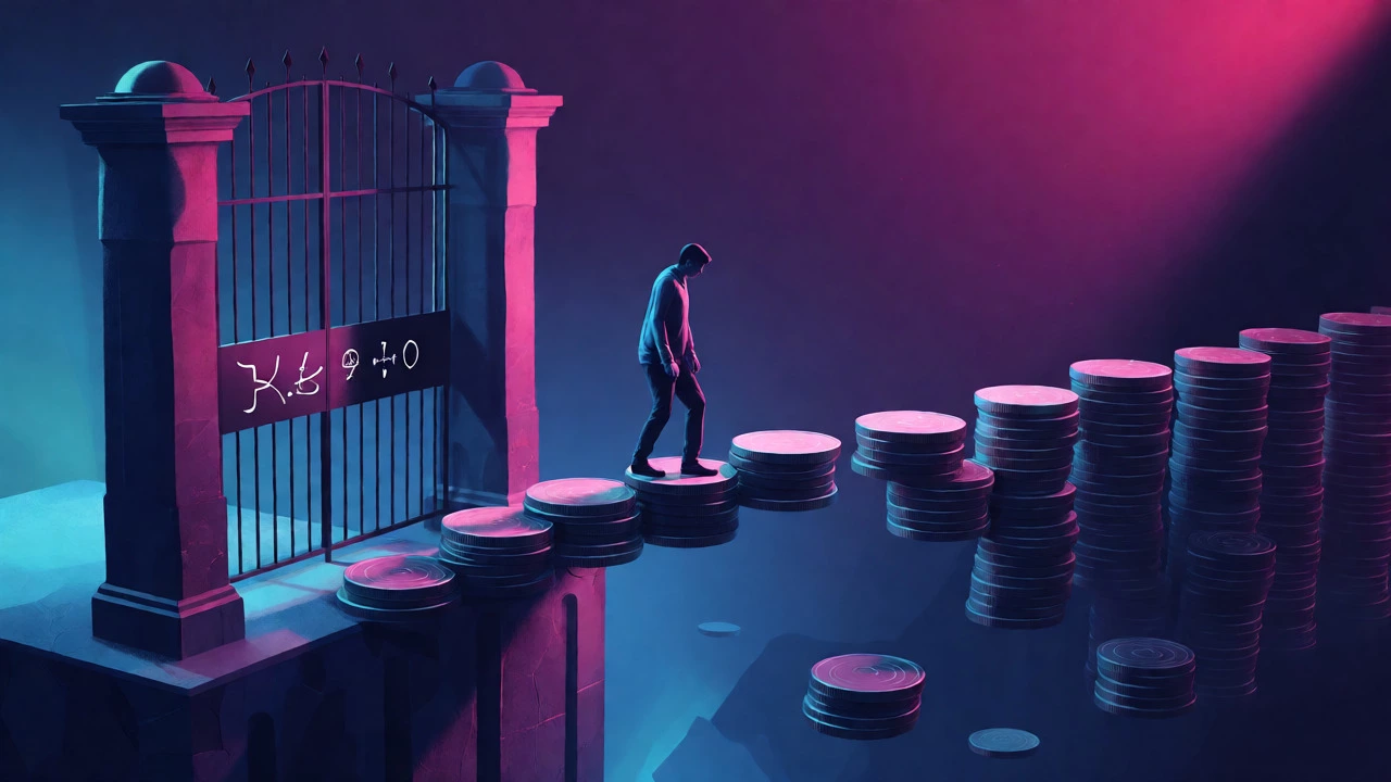 Conceptual art of a person balancing across a chasm of financial obstacles.