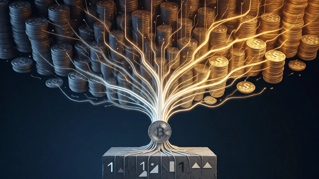 Conceptual art showing a coin growing into a tree of golden wealth