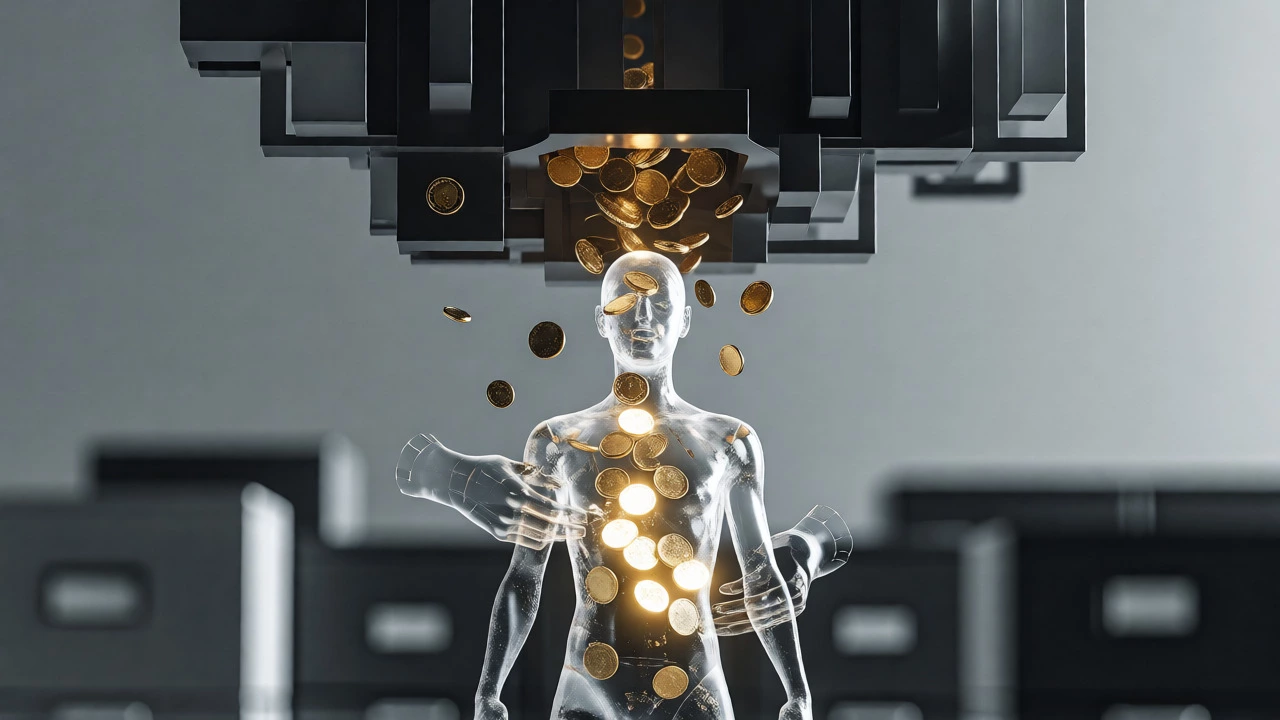 Conceptual art showing wages being siphoned from a fragile human figure by bureaucratic forces.