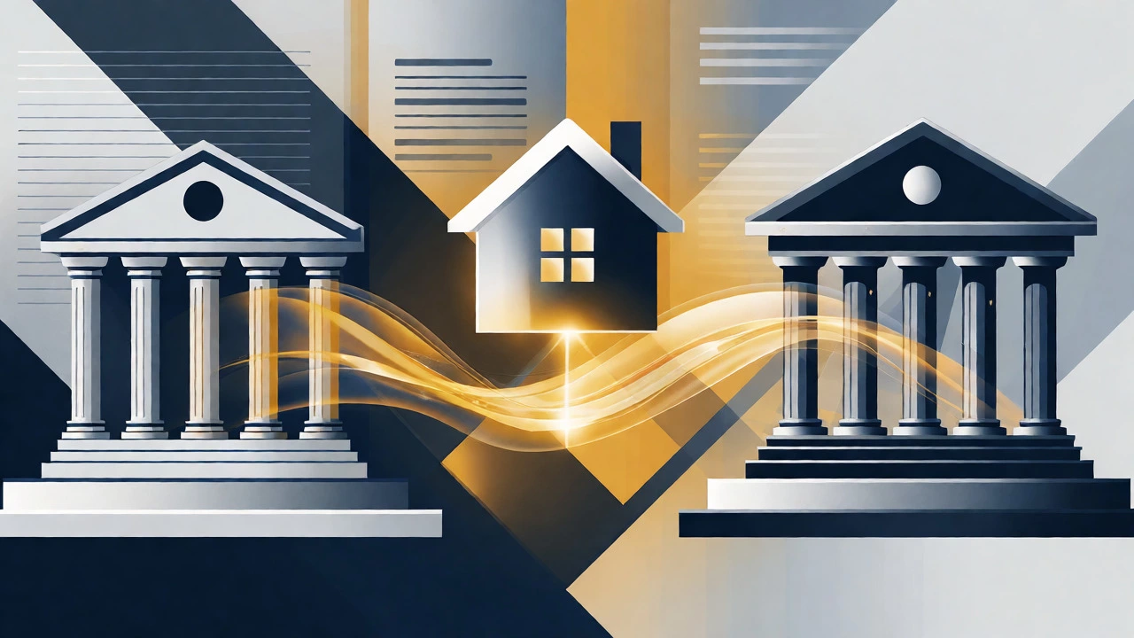 Conceptual illustration showing financial funds transferring between two banks around a stable home.