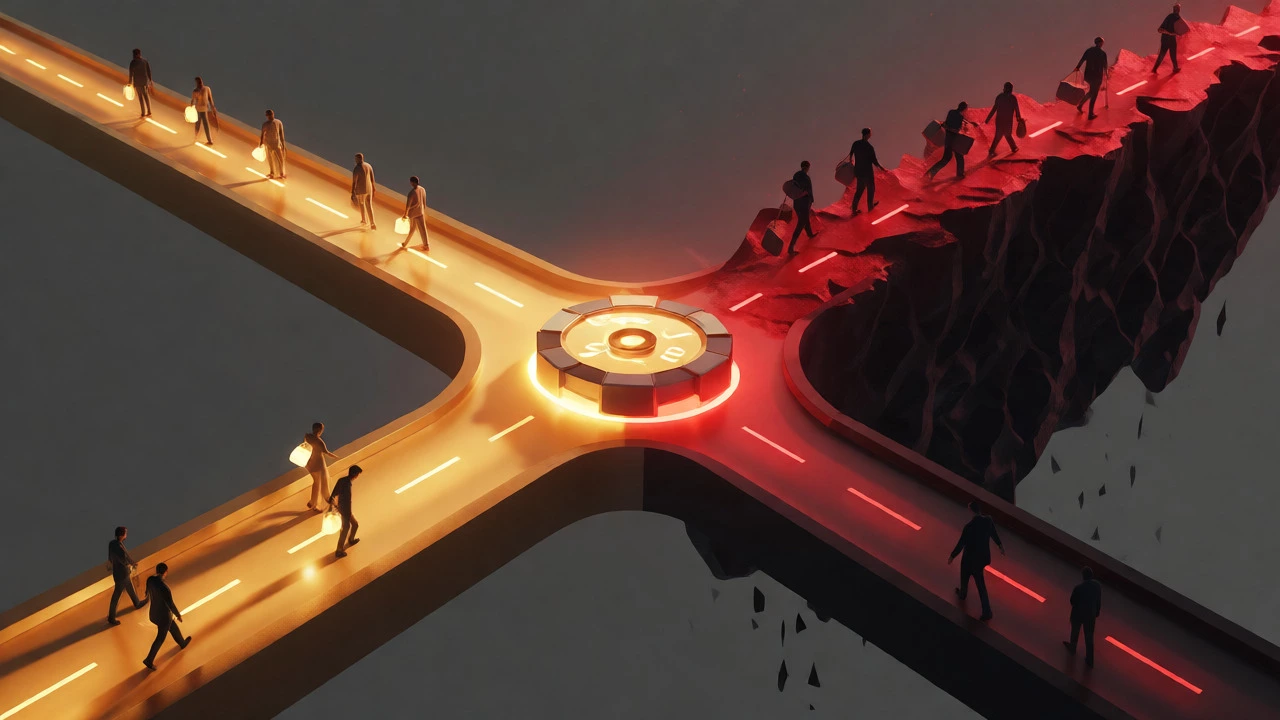 Conceptual split showing safe golden path vs risky red cliff for credit