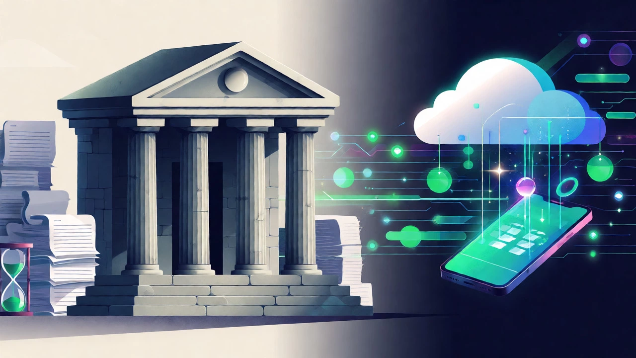 Digital data streams bypassing a traditional stone bank building