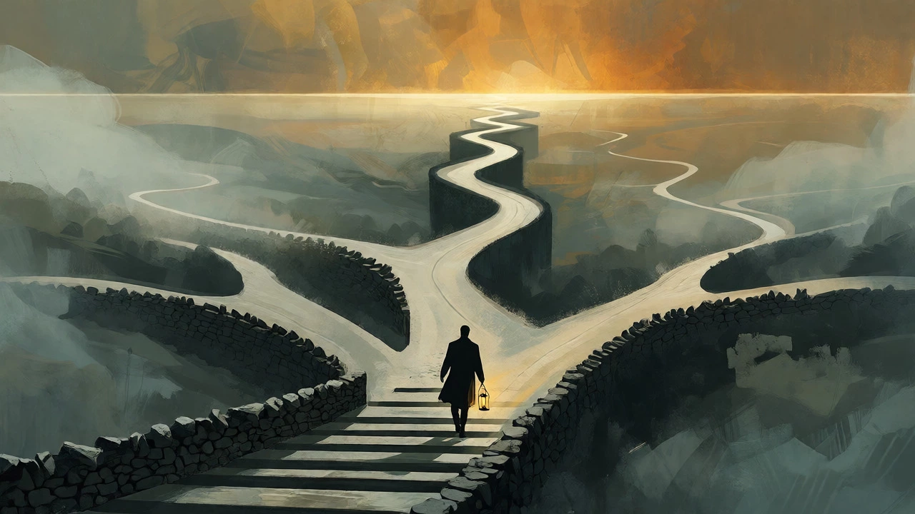 Figure walking a winding road with forks and obstacles towards light.