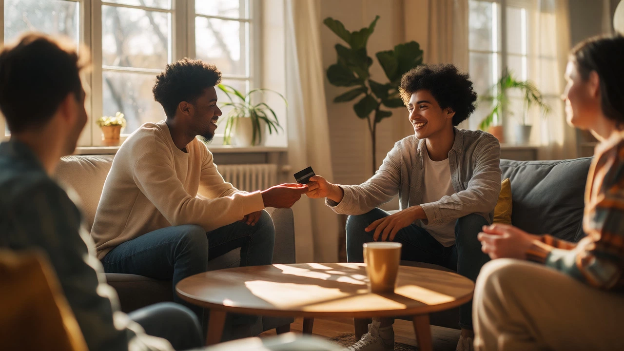 Friends relaxing in a sunny room passing a credit card confidently