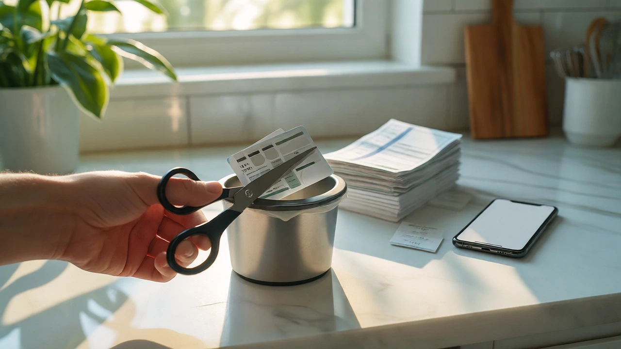 Hand cutting up credit cards in a bright kitchen to prevent re-spending.