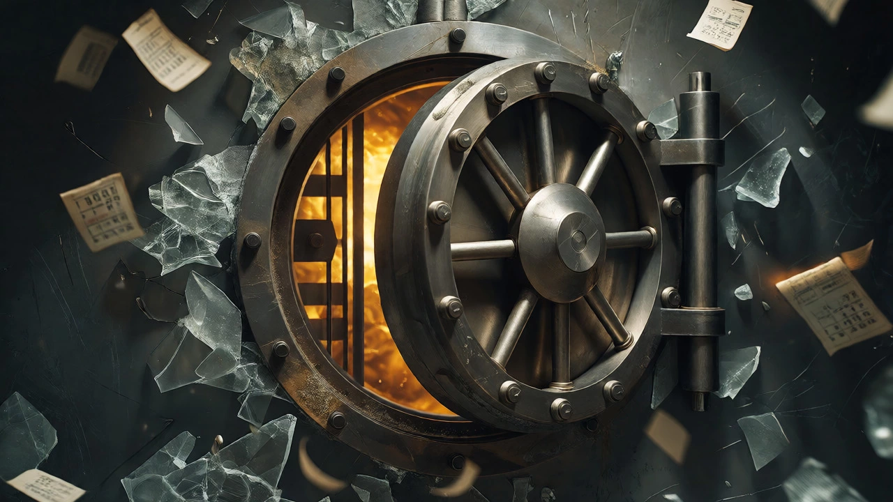 Heavy iron vault door ajar with floating calendar pages