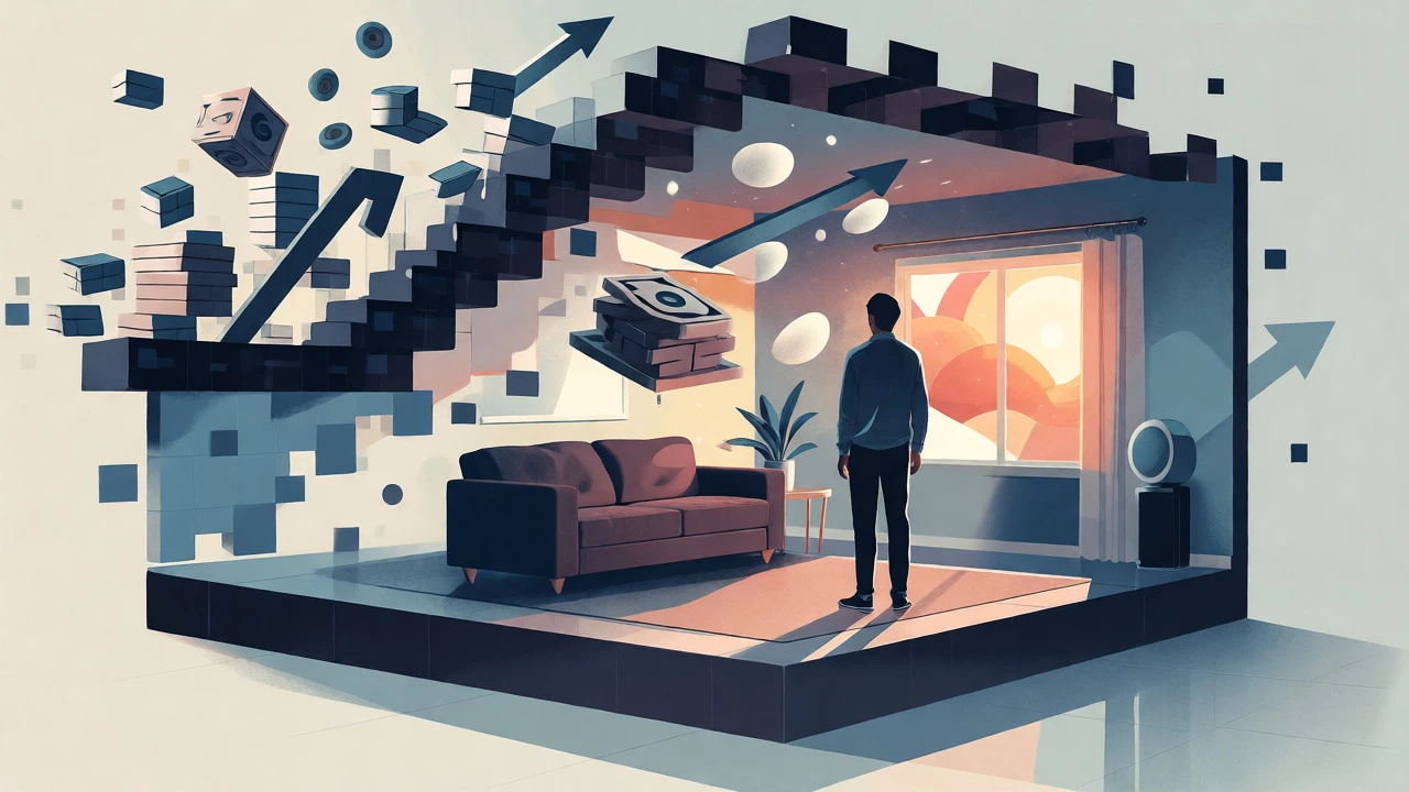 Homeowner facing a partial loss of coverage represented by fading walls and rising costs.