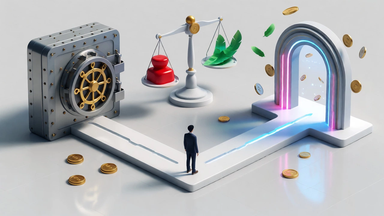 Isometric view comparing slow bank vaults with fast digital loan gateways